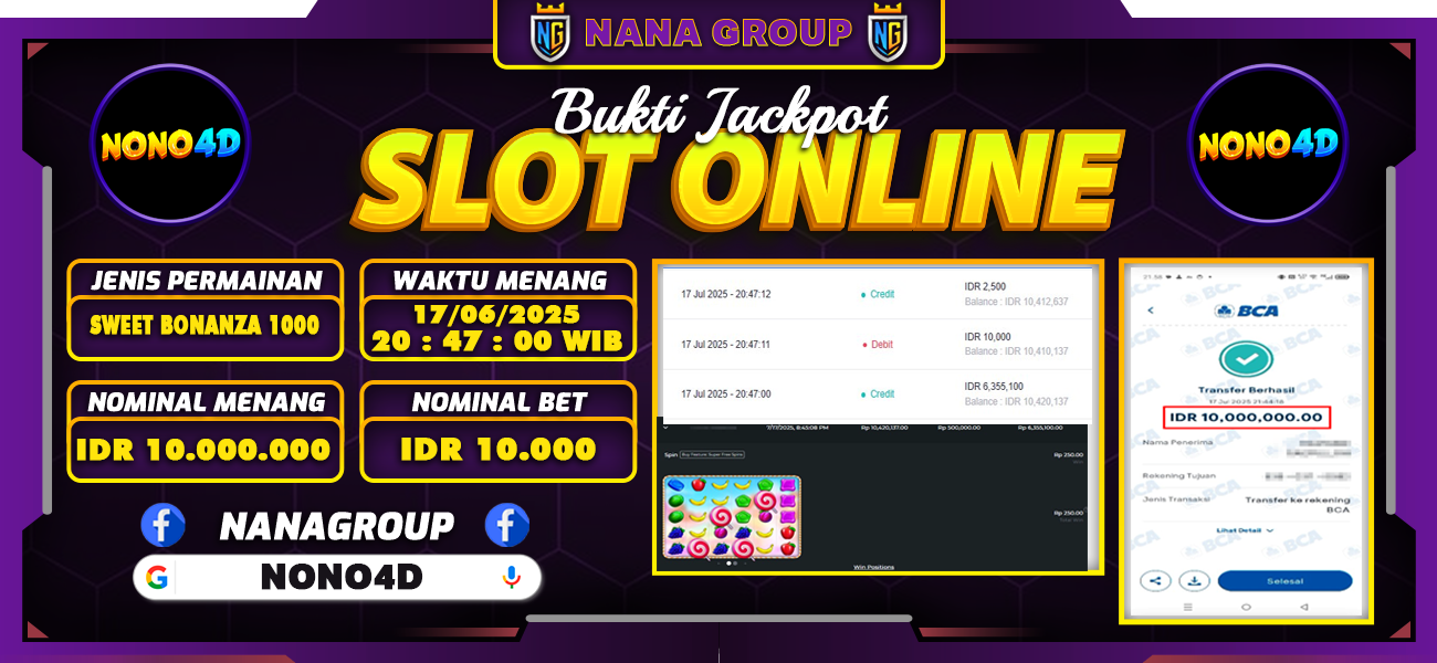 Bukti Kemenangan Besar Dibayar lunas Member NONO4D RP 10.000.000, 17 Juli 2025