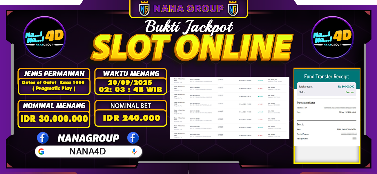 Bukti Kemenangan Besar Dibayar lunas Member NANA4D RP 30.000.000, 20 September 2025